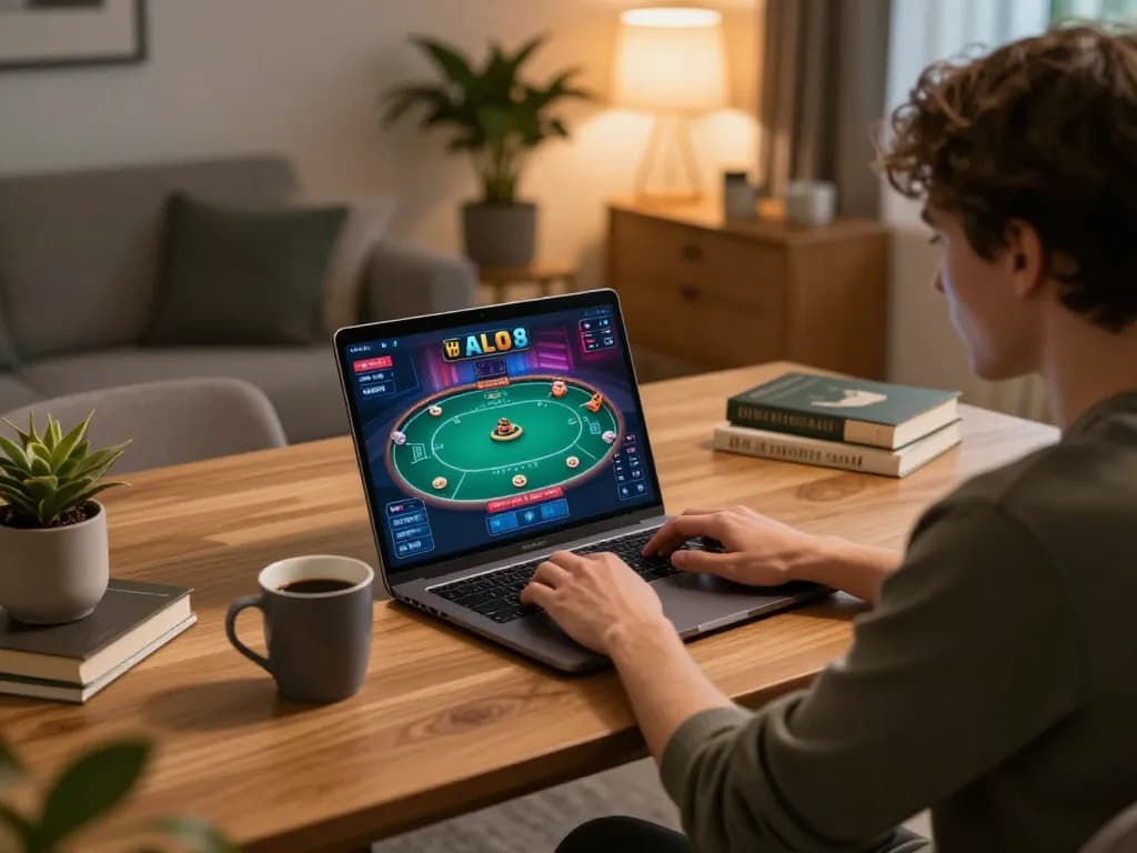 Engaging in poker gameplay on ALO8 while enjoying a cozy home environment