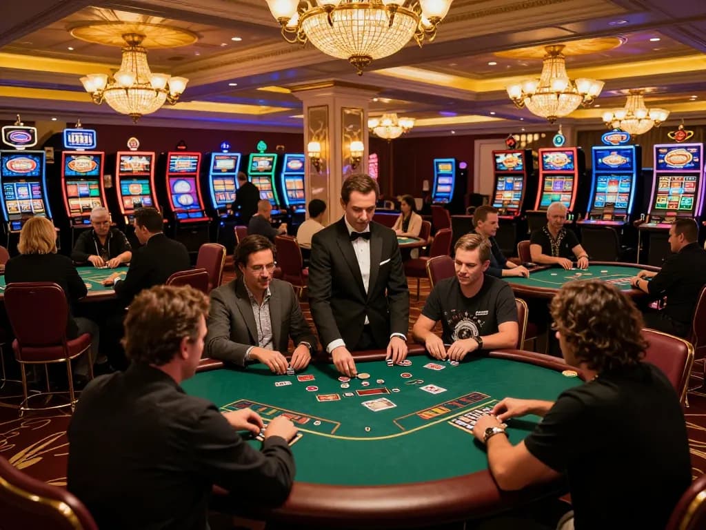 Players enjoying intense poker gameplay at Nhà Cái SC88 casino, illuminated by elegant chandeliers.