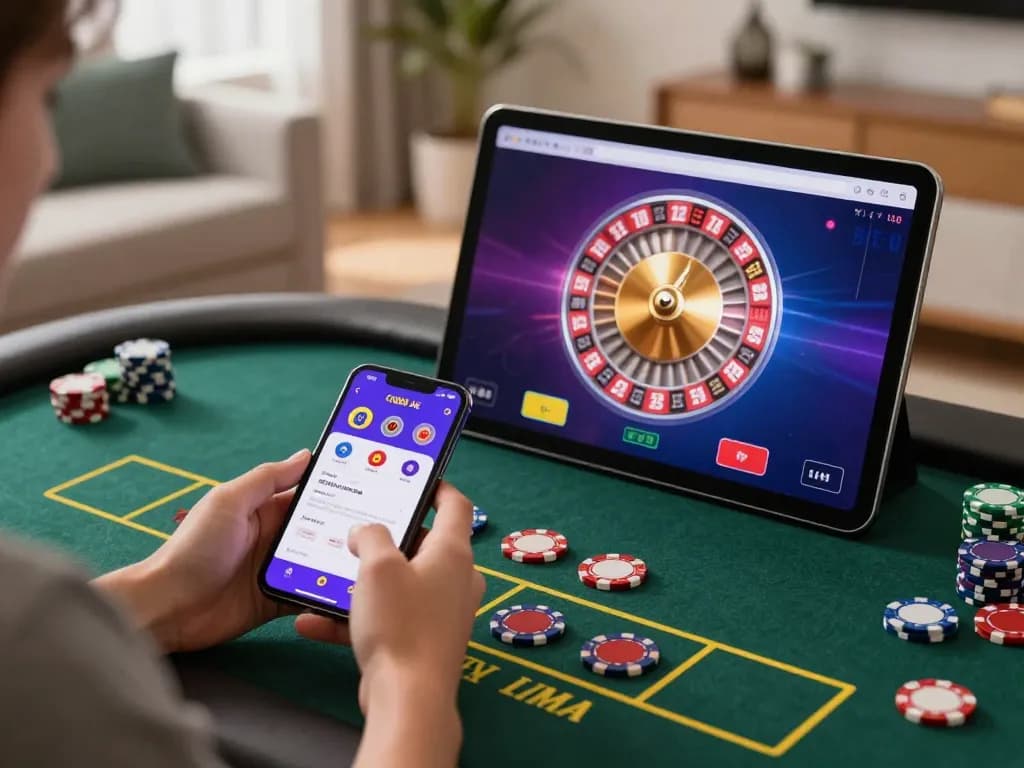 Player enjoying QQ88 AE live casino game on smartphone, vibrant gaming atmosphere enriched by dynamic visuals