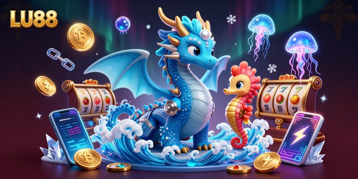 Experience LU88 with an engaging casino scene featuring a dragon and slot reels.
