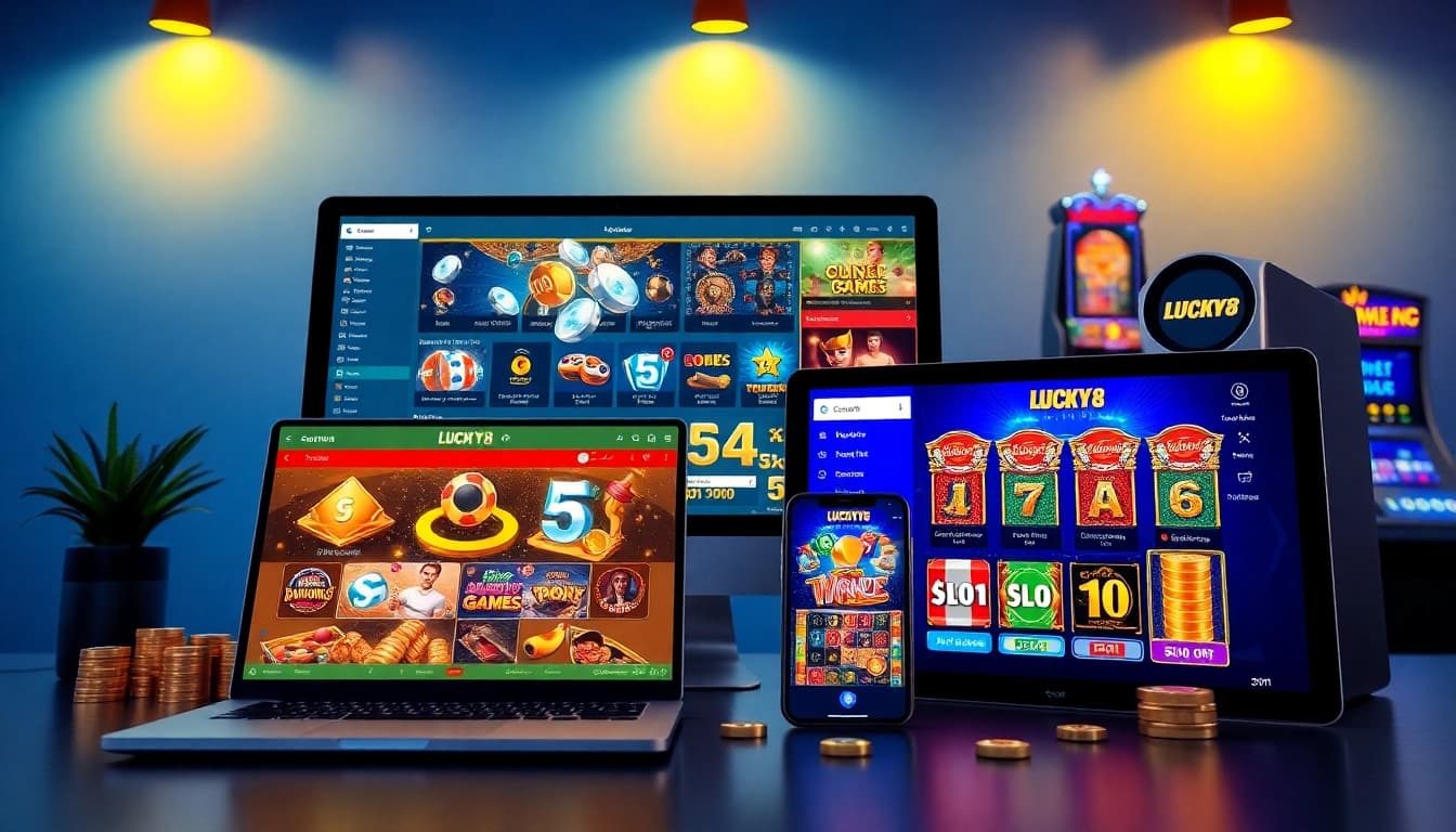 LUCKY8 online gaming platform interface showcasing diverse games on multiple devices.