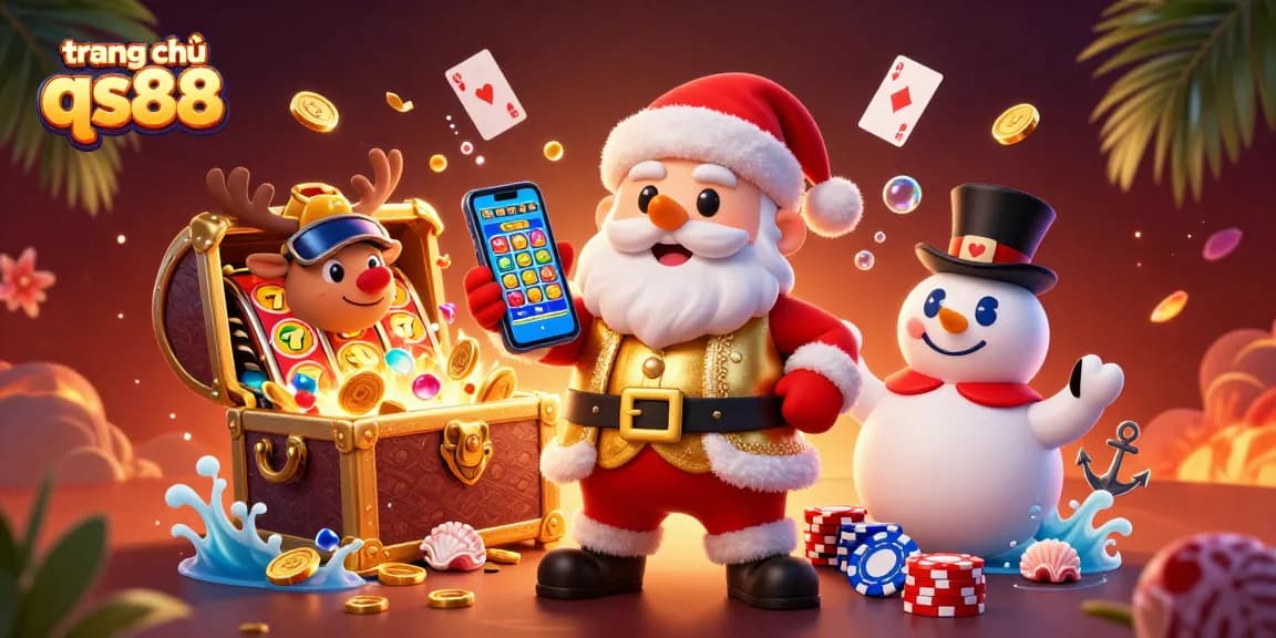 Experience the excitement on trang chủ qs88 with a festive casino scene featuring Santa, reindeer, and a snowman.