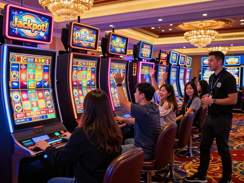 Excited players celebrating their win on the Lucky 88 slot machine in a vibrant casino atmosphere.