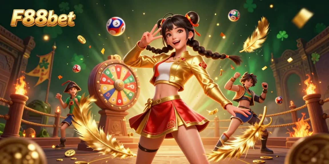 Engage in thrilling games at F88bet with vibrant visuals surrounding a joyful Asian woman celebrating lottery wins.