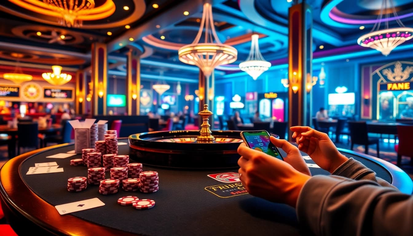 Players enjoying a thrilling session at 789club's luxury online casino, featuring poker chips and a roulette wheel.