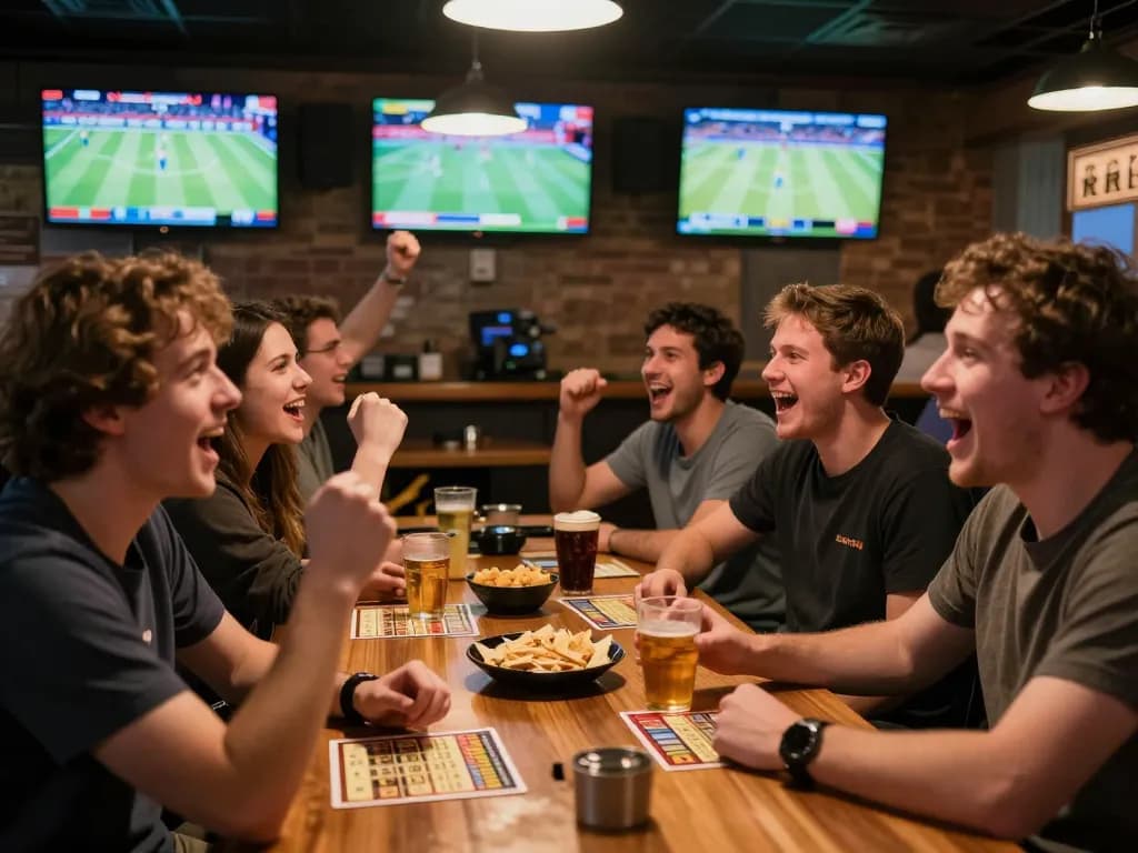 Engaged fans celebrating a win with sports betting slips at a vibrant sports bar, reflecting the excitement of บ้านผลบอล7m.