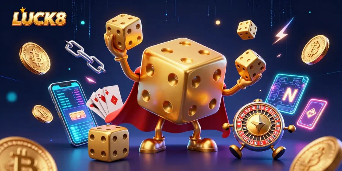 Experience the thrill of LUCK8 with this vibrant 3D illustration showcasing gaming excitement and crypto elements.