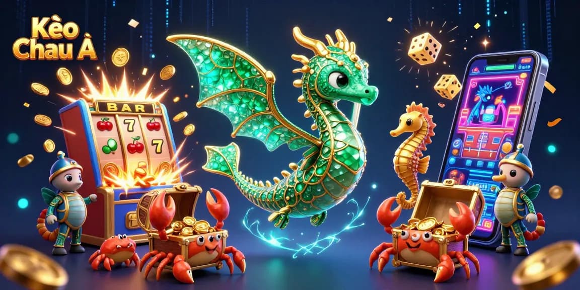 Engage with Kèo Châu Á, illustrated by a vibrant sea dragon and dynamic slot elements in a casino scene.