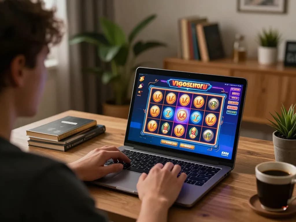 Person, die online Slots von Viggoslots-deu auf einem Laptop in einem gemütlichen Homeoffice spielt