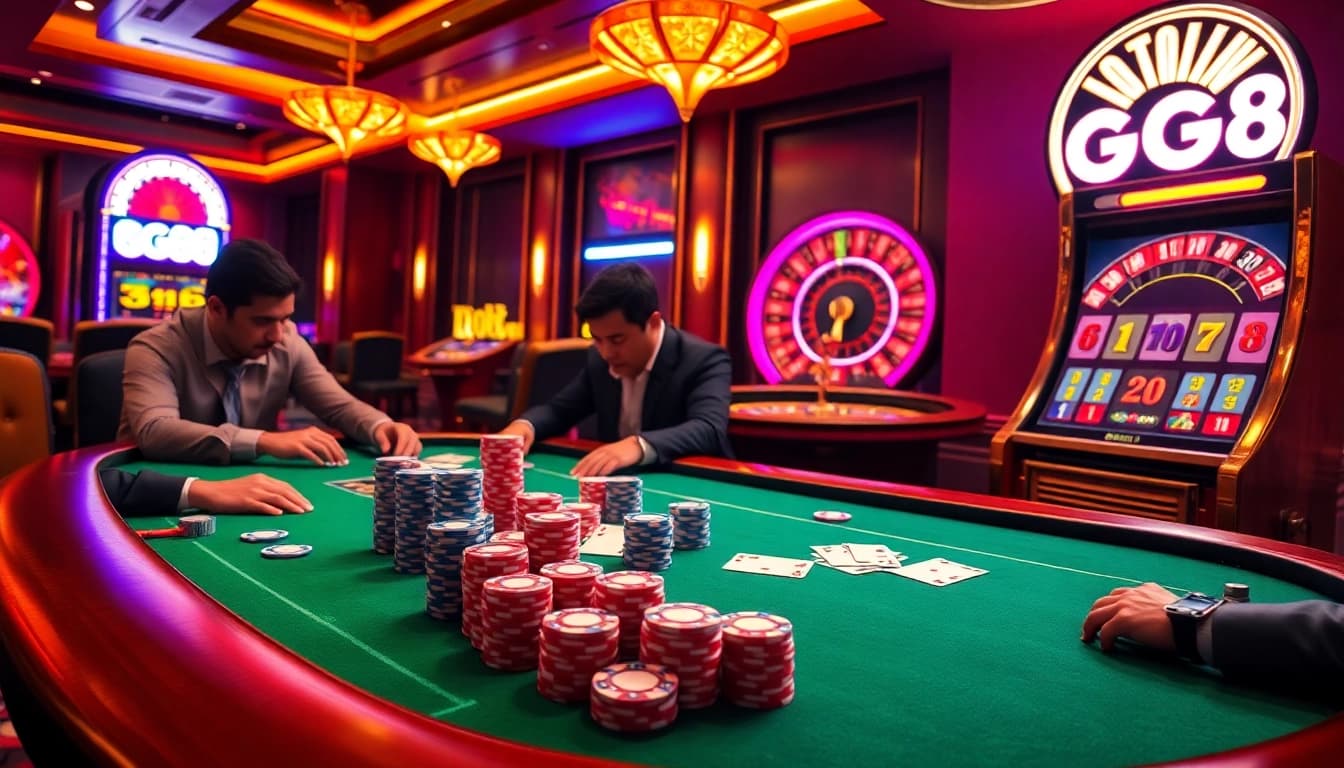 Excited players gamble at GG88 poker tables and slot machines in a luxurious casino setting.