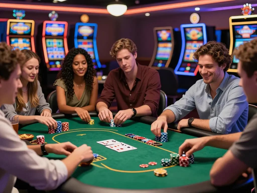Friends enjoying free spins Australia at a vibrant casino game night.
