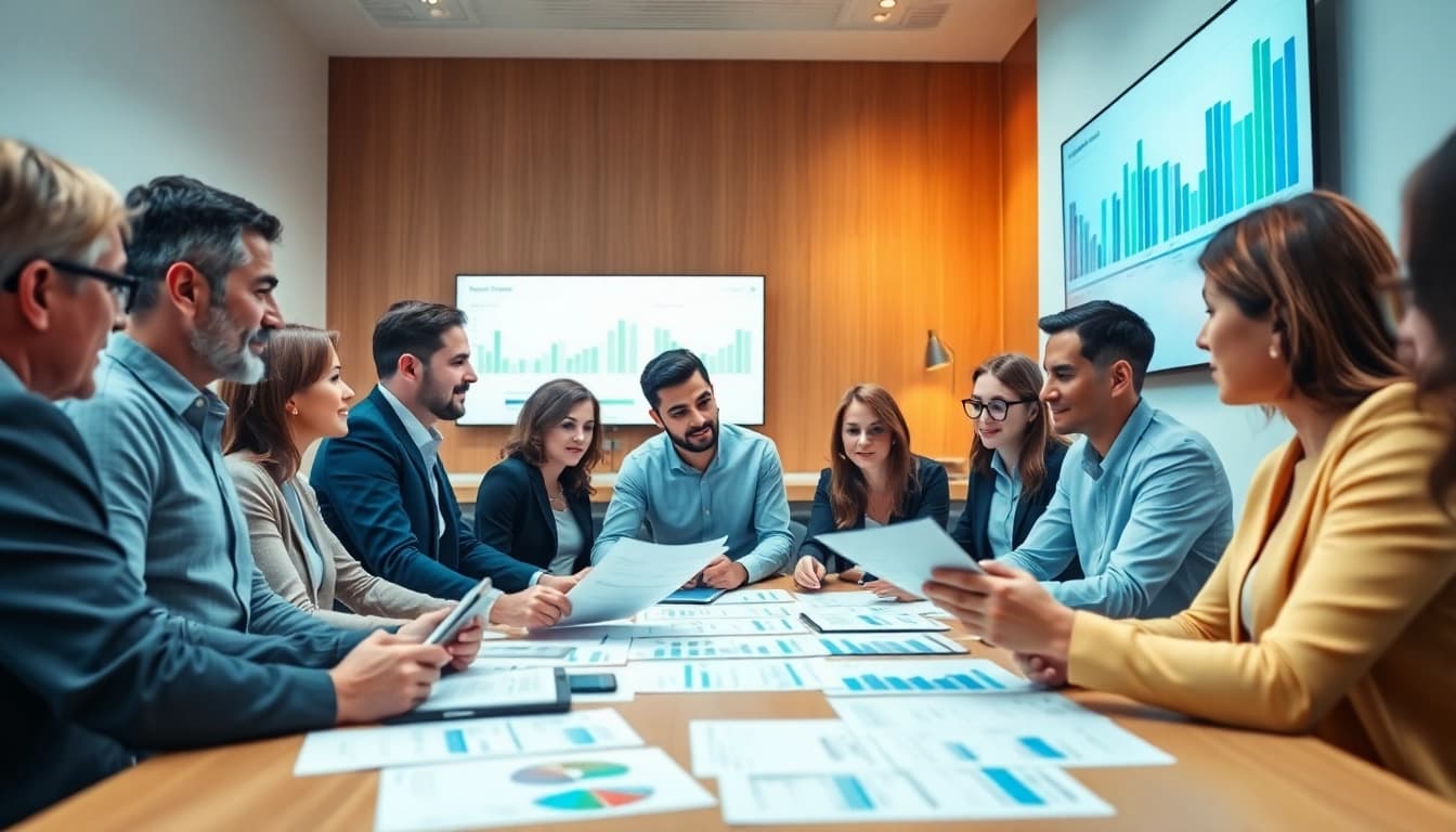 Tarifvergleich in einer professionellen Umgebung mit Teamdiskussionen und Dokumentenanalysen.
