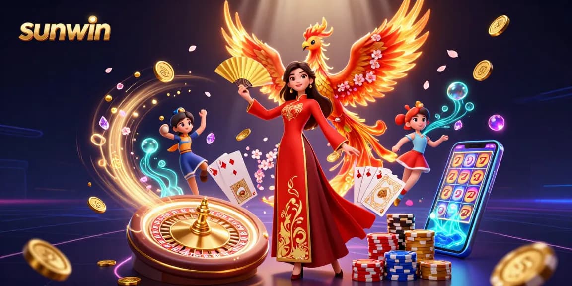Engage with Sunwin's vibrant casino experience featuring a graceful woman, a phoenix, and dynamic game elements.