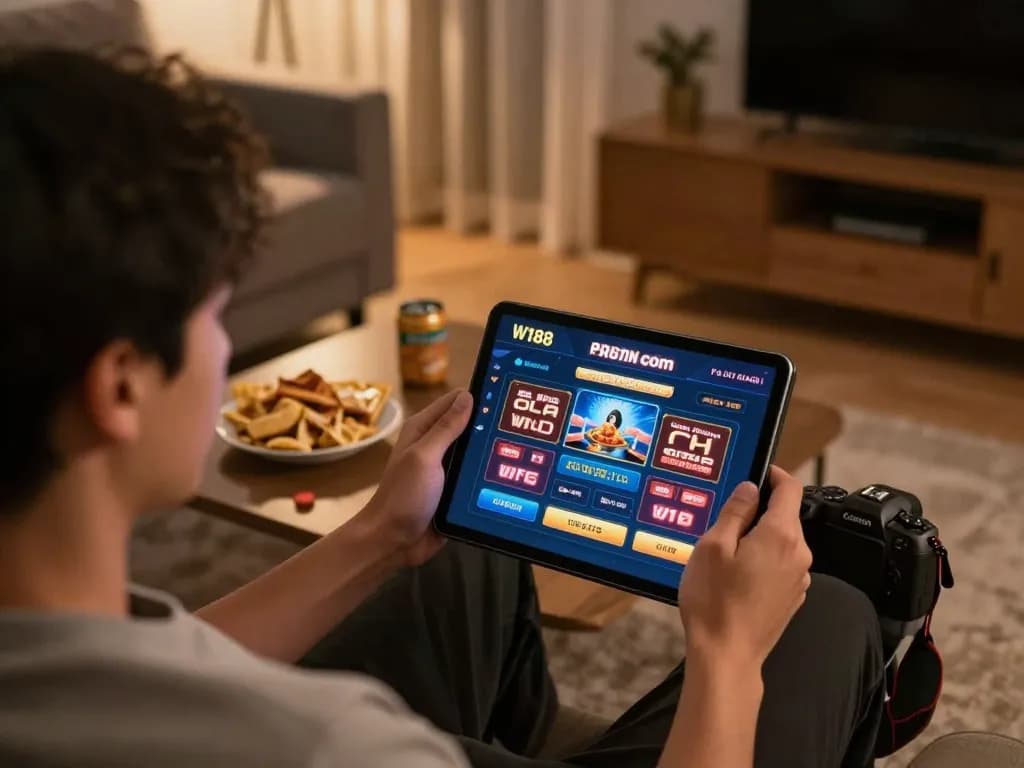 Player engaging with exciting gameplay at W188 com casino on a tablet in a cozy home setting
