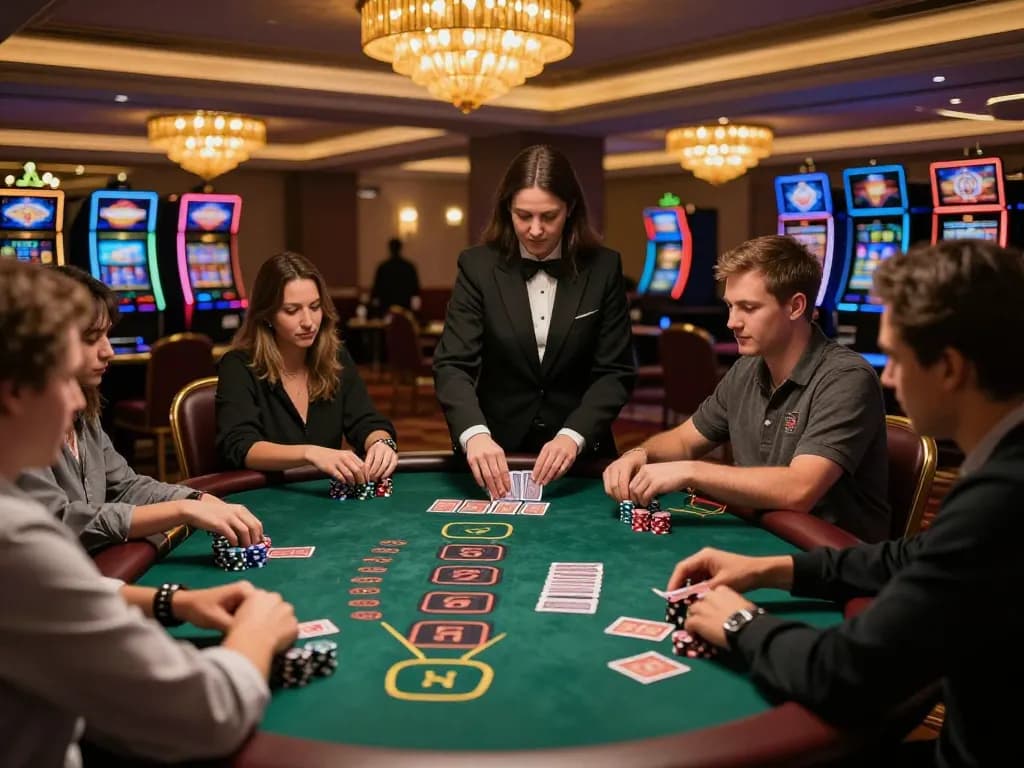 Experience the game 33win at an elegant blackjack table with focused players and vibrant casino lights.
