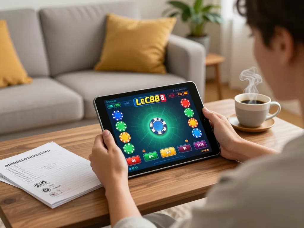 Engaging in an LC88 bet online casino game with a vibrant interface on a cozy home setup