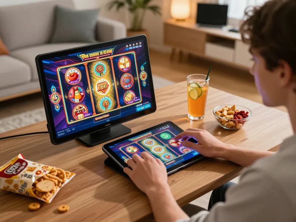 Experience exciting slot gameplay at https://98win9.co.com/ in a cozy home setting with vibrant graphics.