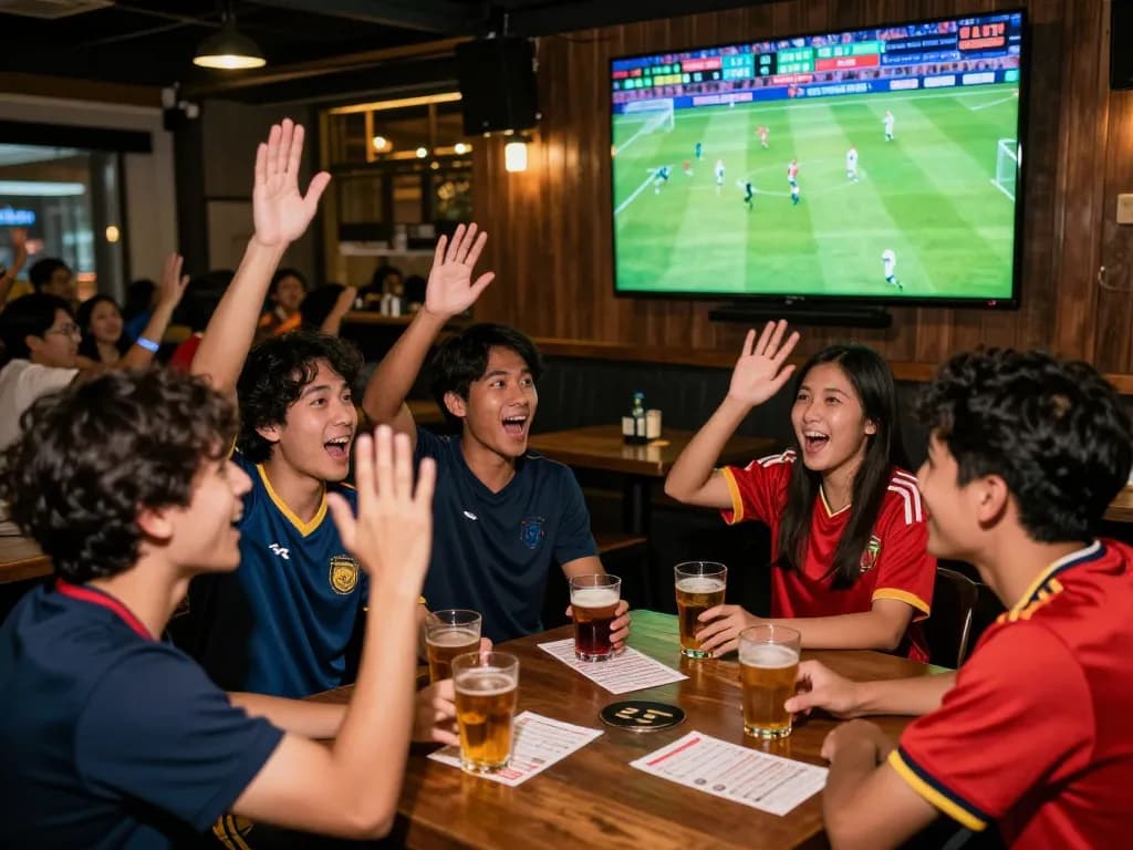 Exciting moment of friends betting on แทงบอล while watching a live football match, capturing lively sports atmosphere