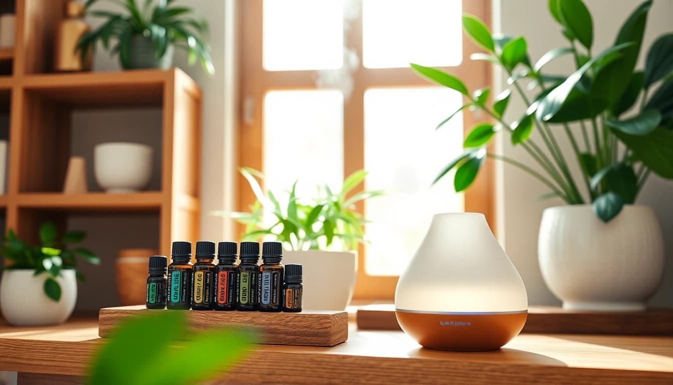 doTERRA ätherische Öle displayed elegantly on a wooden shelf in a bright home setting.