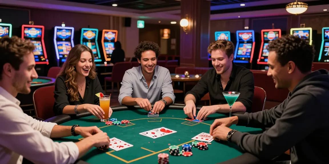Friends enjoying rokok88 at a vibrant casino poker table with drinks and excitement.