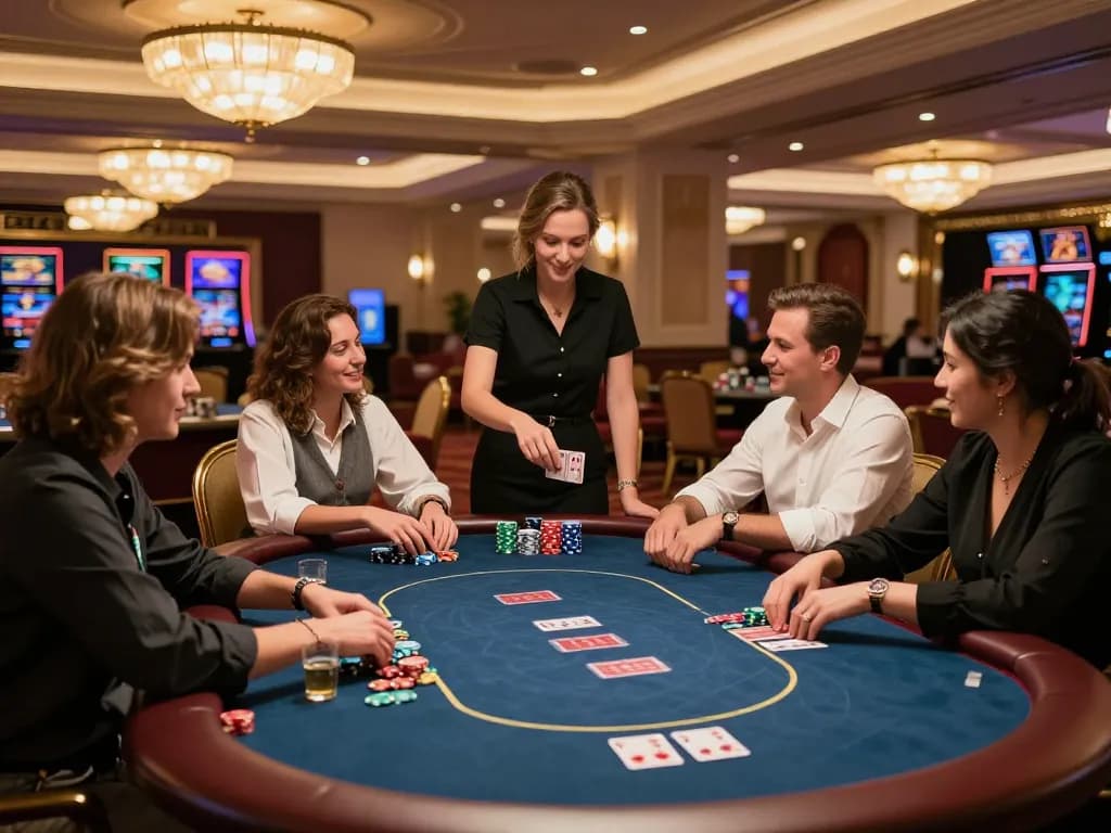 Players strategizing over a lively poker game at 79KING casino table, vibrant chips glow under atmospheric lighting.