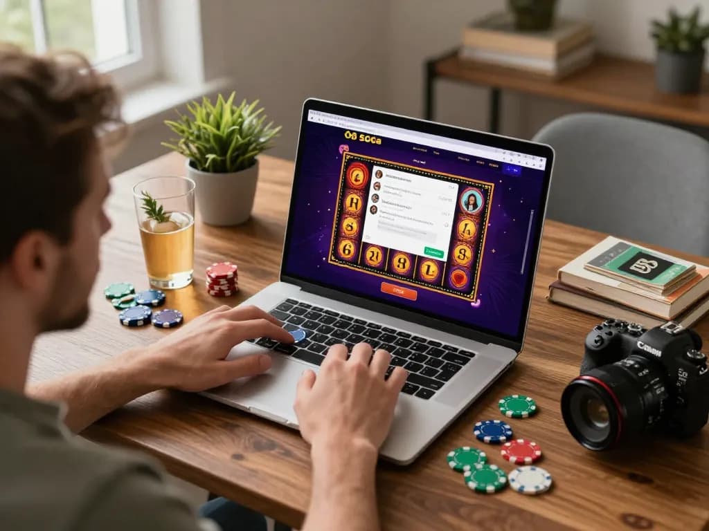 Engaging with O8 SOCIAL online gaming, a player enjoys a lively session at home with chips and drinks.