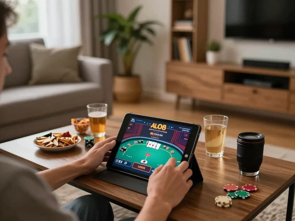 Engaging in online gambling at ALO8net with a tablet, showcasing a vibrant poker game.