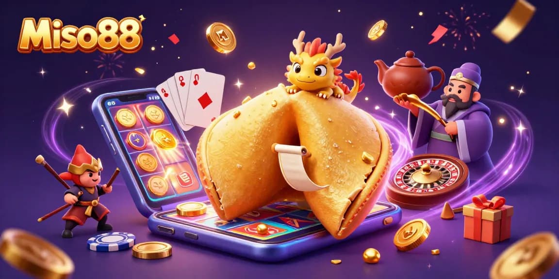 Miso88 showcases an immersive illustration of a vibrant online casino scene filled with slot games and magical elements.