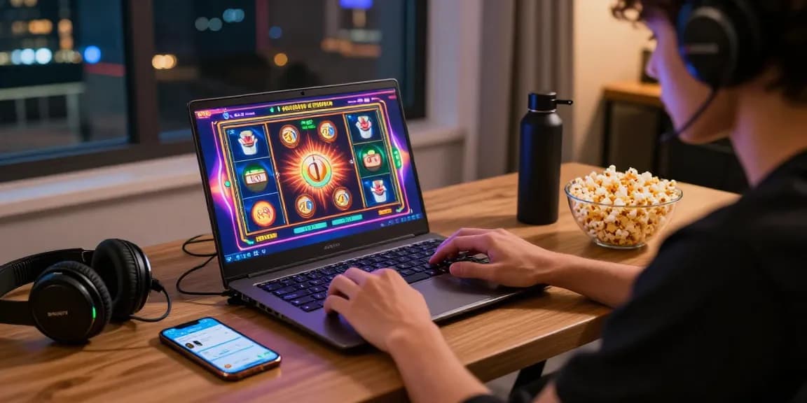 Slot782: Pemain judi slot online menikmati permainan di laptop di ruang modern.