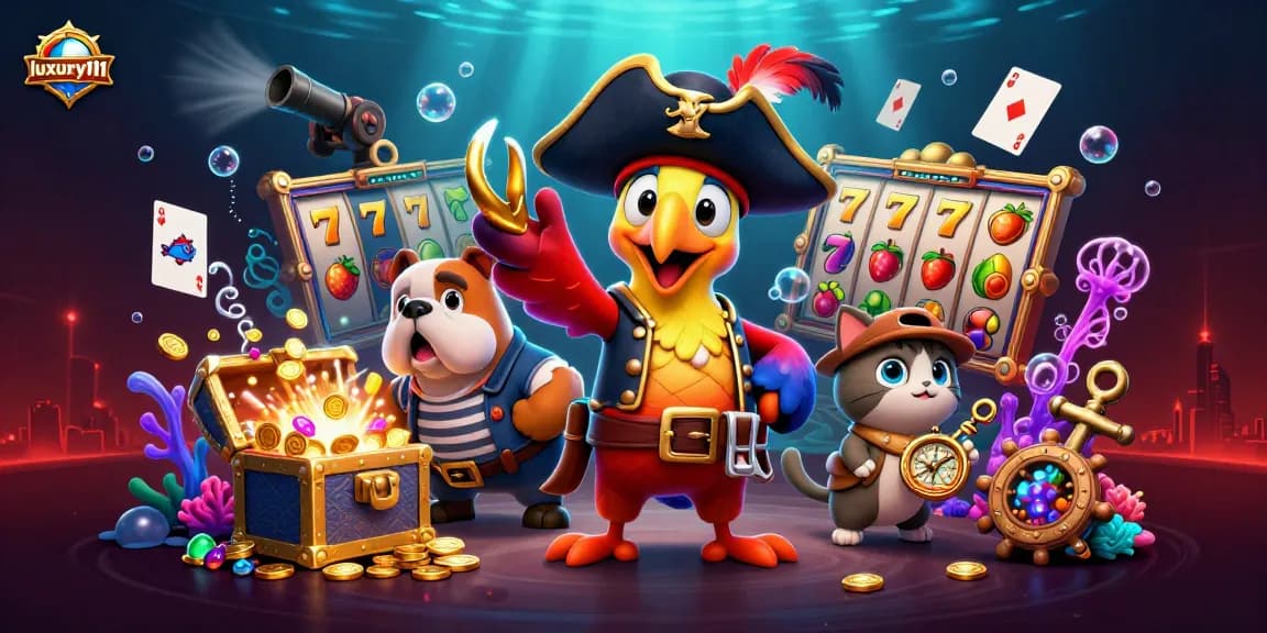 Experience luxury111 with a vibrant 3D scene featuring a pirate captain, bulldog, and ship's cat surrounded by slot machine elements.