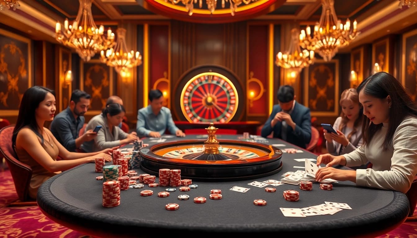 Exciting gambling scene showing Nhà cái Bj66 with players engaged in poker and roulette.