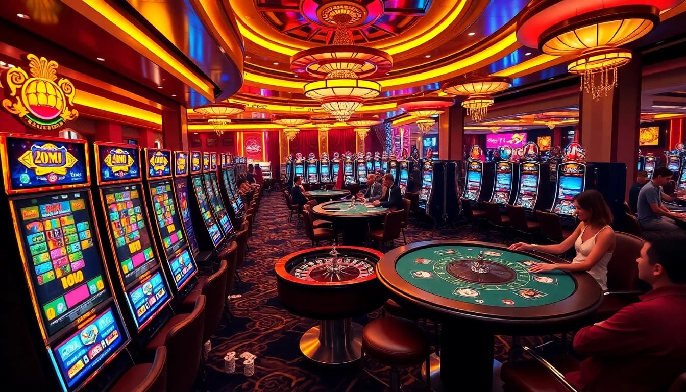 Experience the excitement of link new88 with a vibrant casino scene featuring players at slot machines and poker tables.