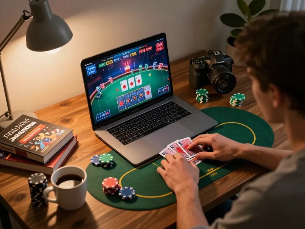 Player enjoying a thrilling Zbet online poker game in a cozy home setting with laptop and strategy notes.