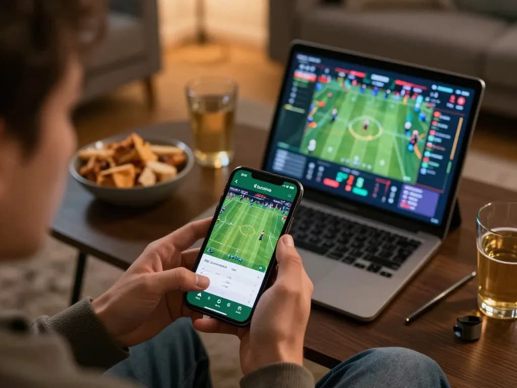 Socolive sports betting on a smartphone, showcasing live football matches in a cozy setting