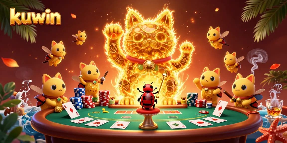 Experience kuwin's exciting gaming world with vibrant lucky cat and casino symbols.
