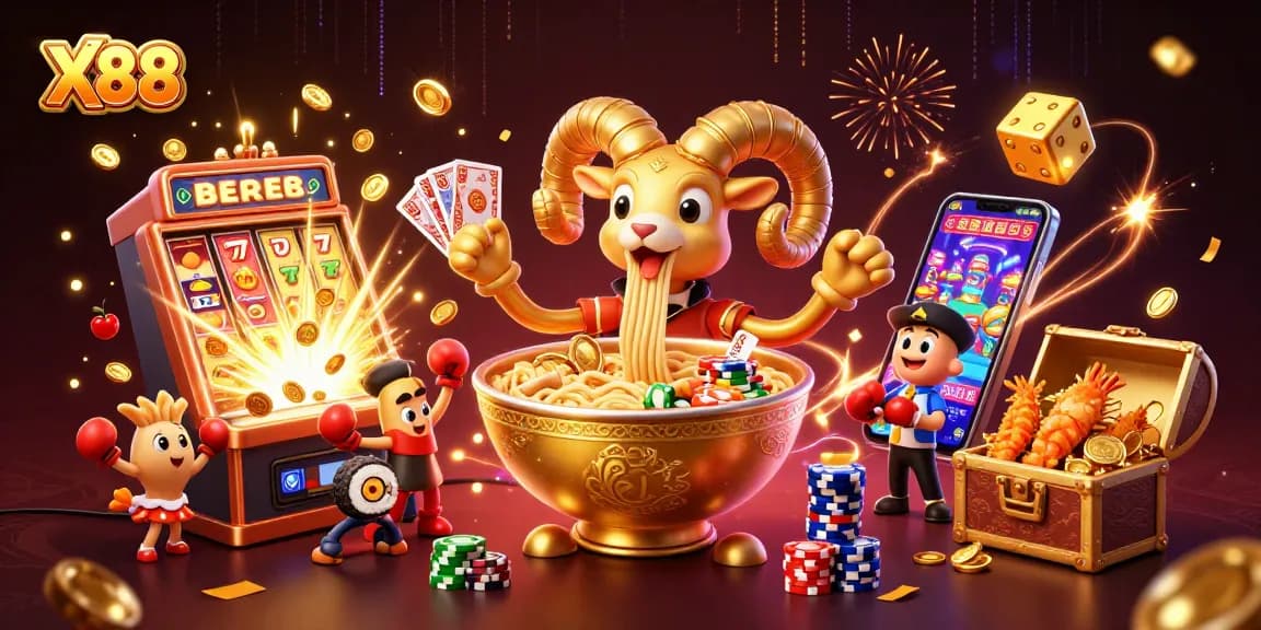 X88 players enjoying a vibrant casino scene with a golden ramen bowl character and bonuses.