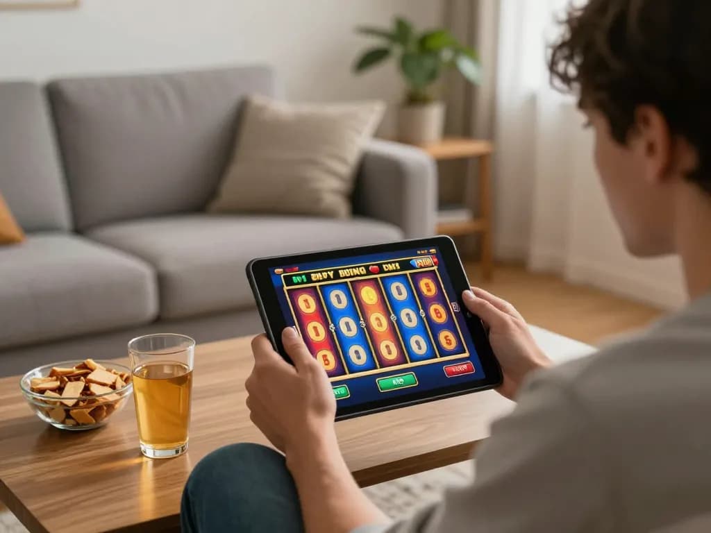 Engaging in online slots at OKBAY with vibrant reels and cozy home ambiance