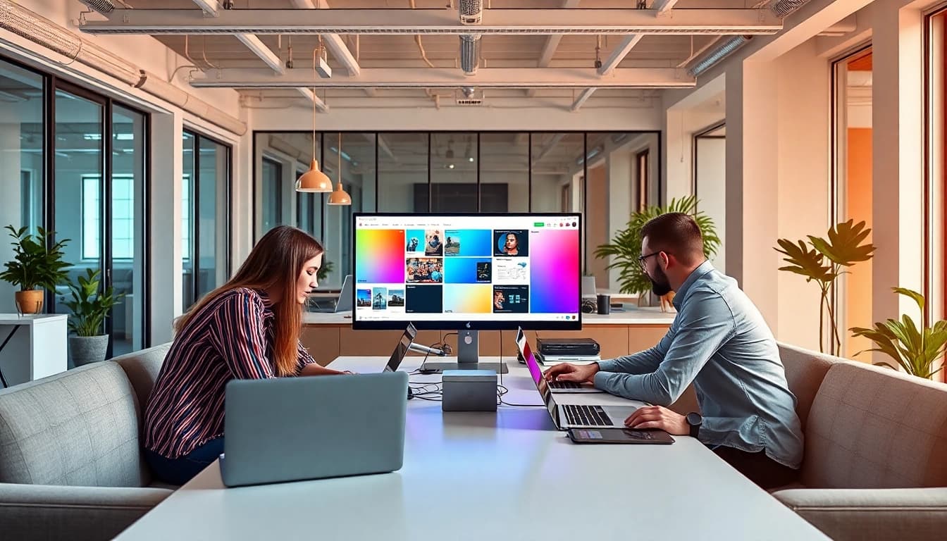 Marketing-Designer's creative workspace with team collaboration on digital projects.