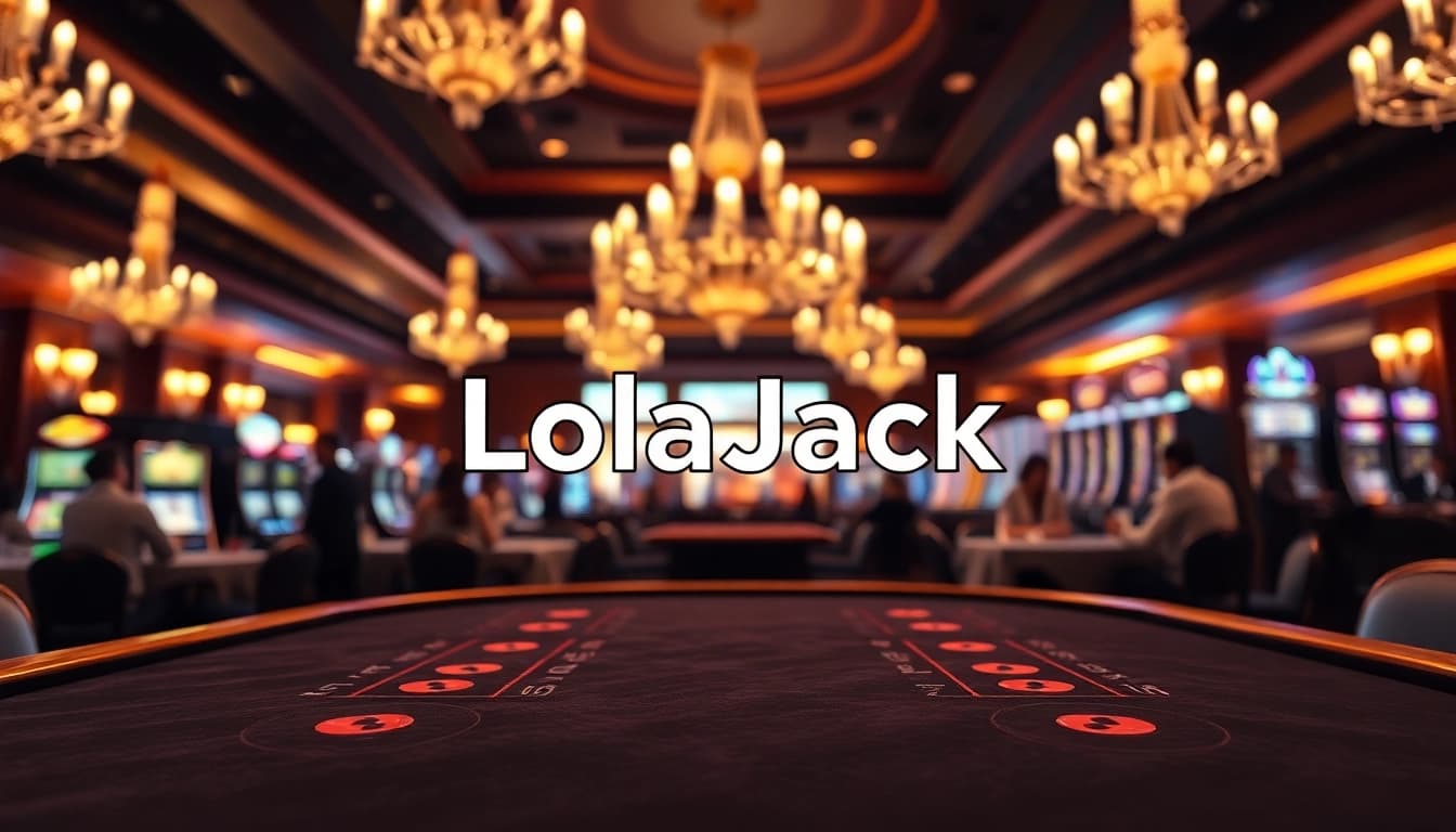 LolaJack Casino mit eleganten Spieltischen und luxuriösem Ambiente im Hintergrund.