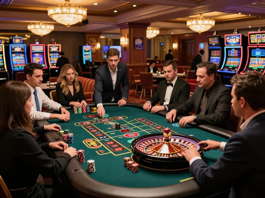 Engaged players analyze ty le keo nha cai at an exciting roulette table in a vibrant casino.