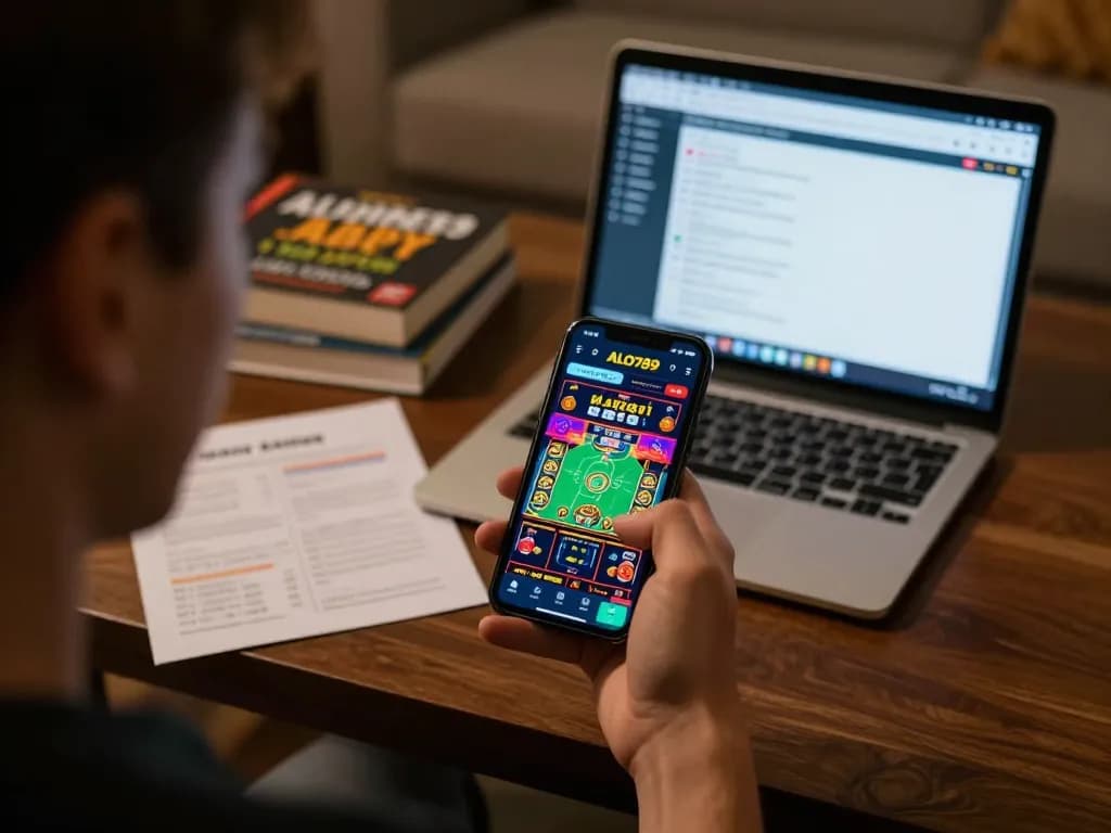 Alo789 user engaging in online gaming from home, showcasing the casino app interface on their smartphone with dynamic graphics.
