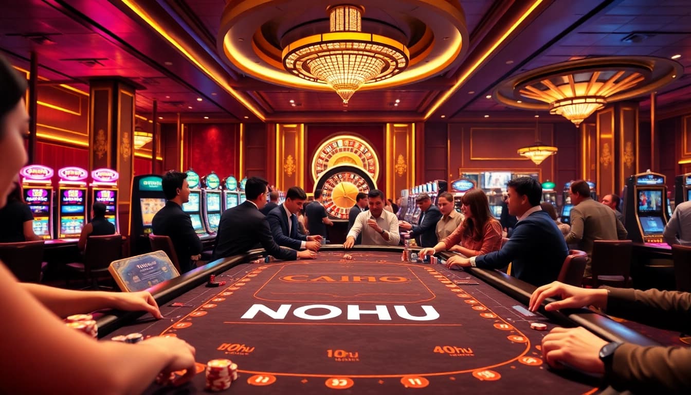 Players experiencing the excitement at the NOHU casino gaming table with vibrant slot machines and poker chips.