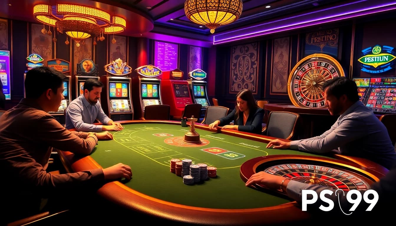 Intense poker action at PS99 casino, featuring vibrant poker chips and a roulette wheel.