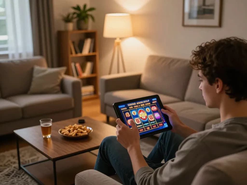 Player enjoying slots on 13win tablet in a cozy living room setup.