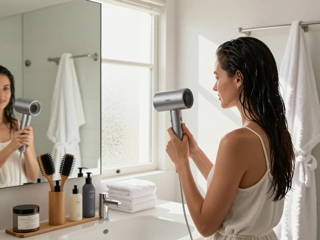 Verwendung des Laifen Haartrockners in einem modernen Badezimmer, das Stil und Luxus zeigt.