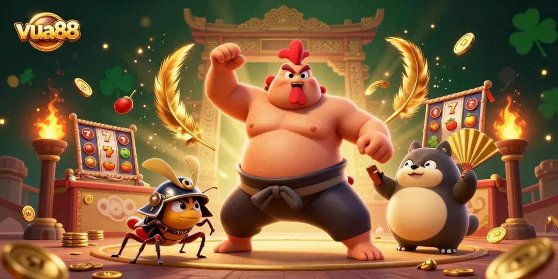 Experience the thrill of gaming with vua88 in a vibrant, dynamic casino scene featuring a powerful sumo rooster and a fierce cricket.
