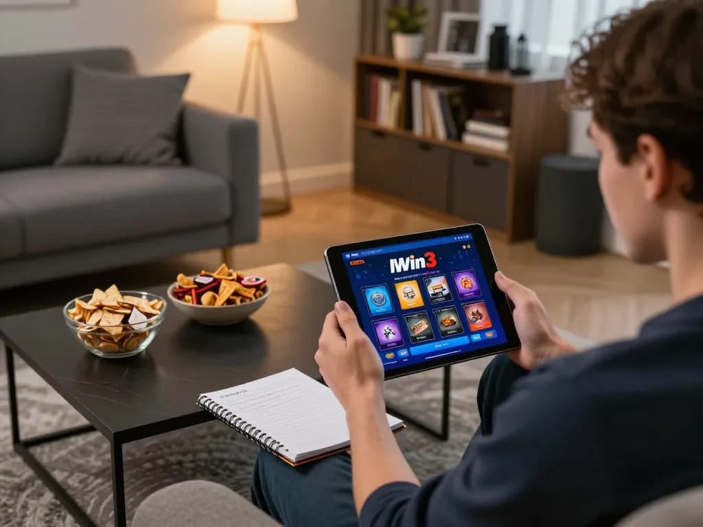 Engaging individual using llwin3 app for online gaming in a cozy home setting with strategic notes