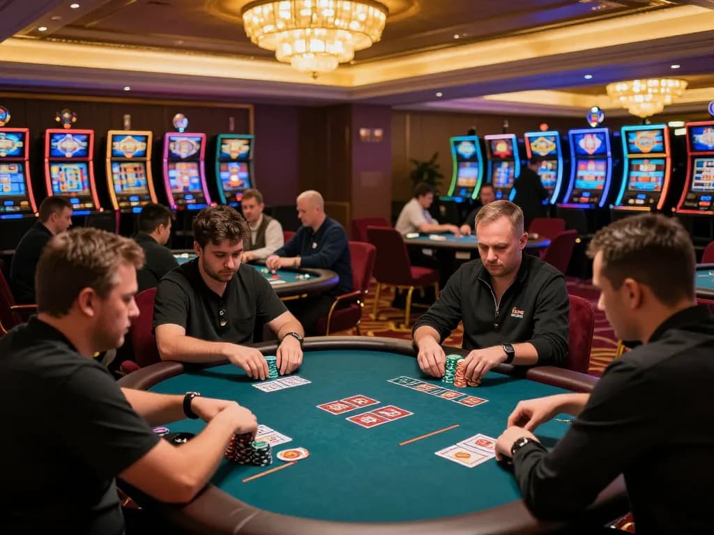 Engaging poker gameplay at 888now casino, showcasing focused players and vibrant atmosphere.