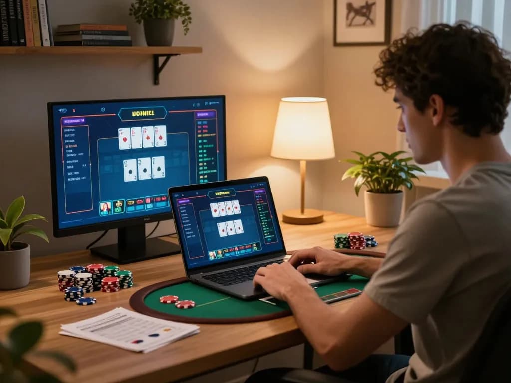79kingz player strategizing during an intense online poker session with chips and notes in view.