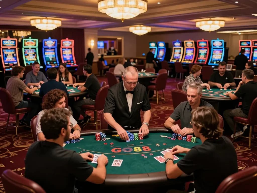 GO88 casino scene with players engaged in exciting poker gameplay at night, vibrant atmosphere